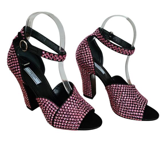 Prada Crystal Embellished Pink Ankle Strap Heel Sandal Size 39.5 US 9.5 Open Toe - Picture 1 of 9